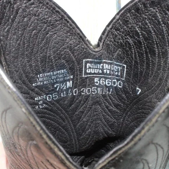 Code West Black Leather Mid Calf Cowboy Western Boot Size 7.5 M - Picture 7 of 9